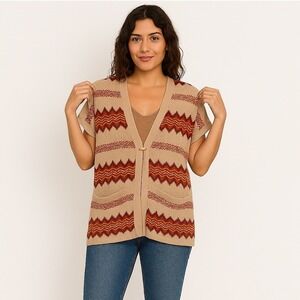 Pendleton Womens Medium Short Sleeve Fair Isle Vest Cardigan Beige Red Linen